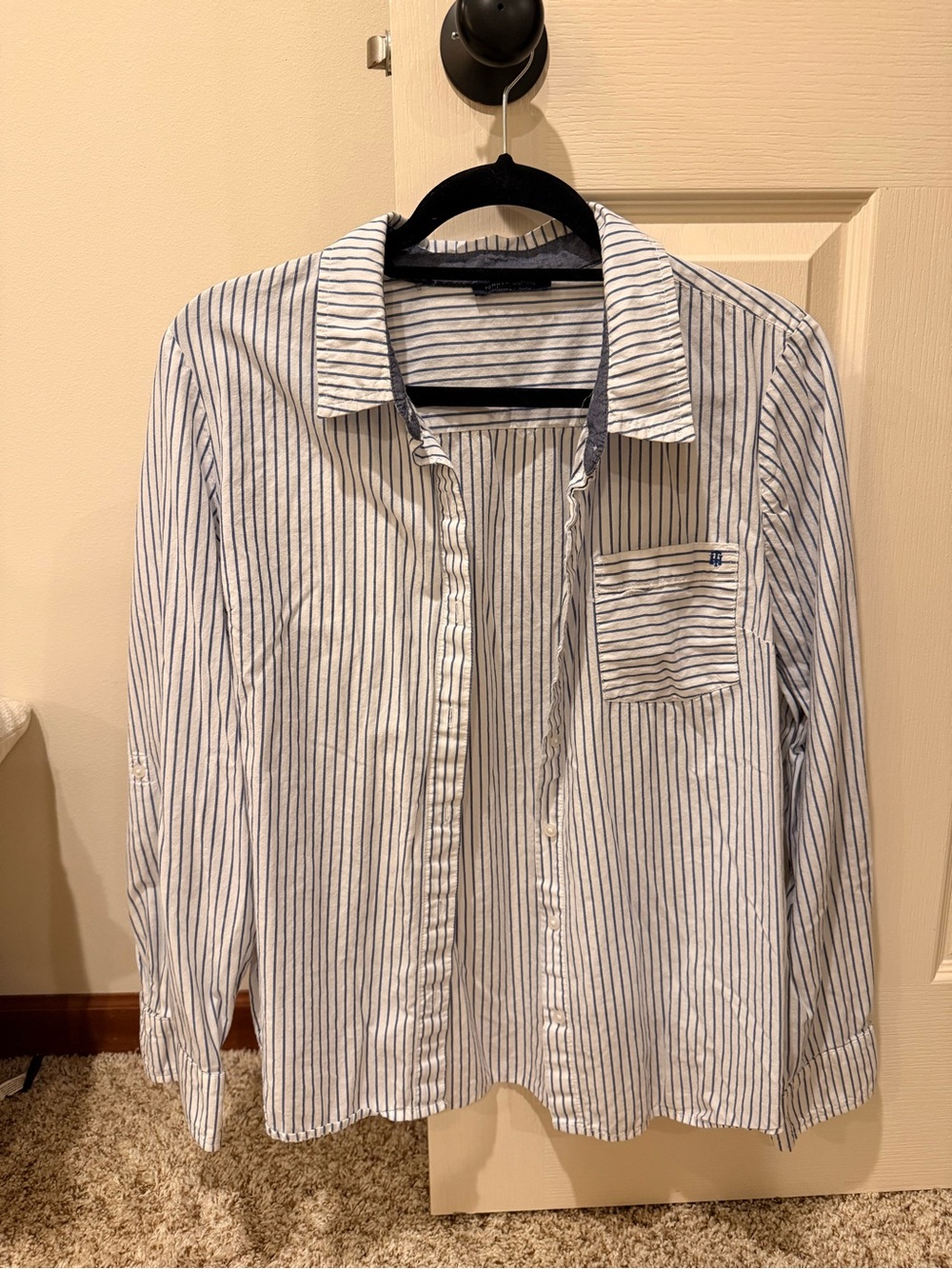 Women’s Tommy Hilfiger White and Navy Stripe Button-Up Shirt
